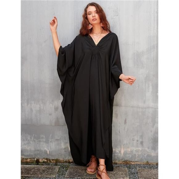 Women Solid Color Cover Up V Neck Batwing Sleeve Plus Size Beach - Picture 3 of 7